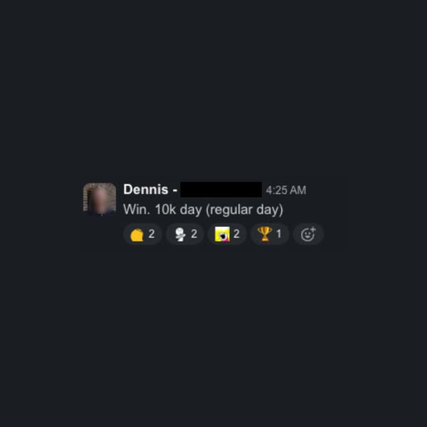 This ad is a screenshot of a message from a user named Dennis who has won 10,000 days in a row. The screenshot is meant 