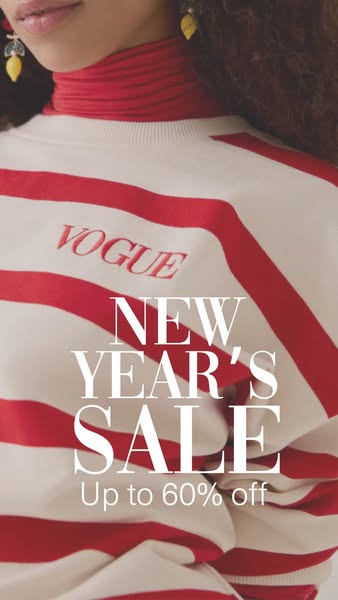 This image ad promotes a New Year's sale with up to 60% off, featuring a model wearing a cream-colored, red-striped 