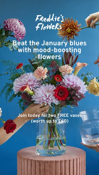 This ad promotes Freddie's Flowers, highlighting a mood-boosting bouquet and an offer to join today for two free vas