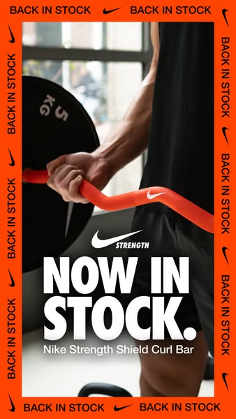 This image ad for Nike promotes the Nike Strength Shield Curl Bar, highlighting that it is back in stock. The ad feature