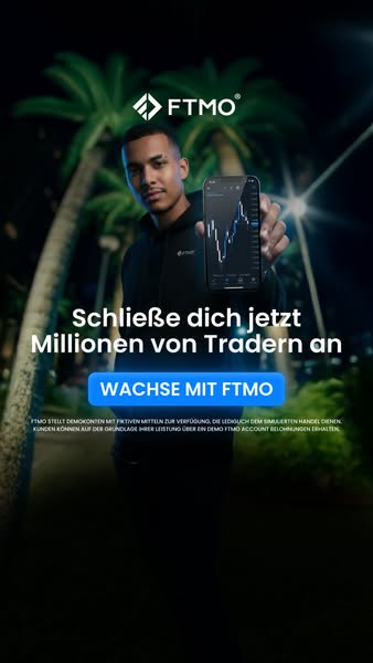 This ad for FTMO features a man holding up his phone to show a stock chart. The ad encourages viewers to join millions o