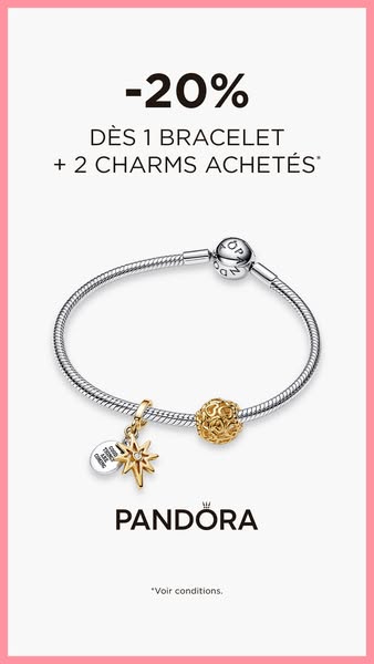 This image ad promotes Pandora jewelry, specifically highlighting a promotion of 20% off when purchasing one bracelet an