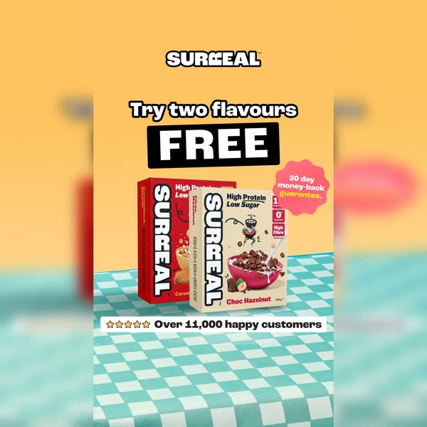 This image ad for Surreal cereal promotes the opportunity to try two flavors for free and calls out its key features, su