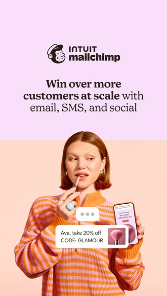 This ad for Intuit Mailchimp features a woman applying lipstick while holding a phone displaying a 20% off offer for a m