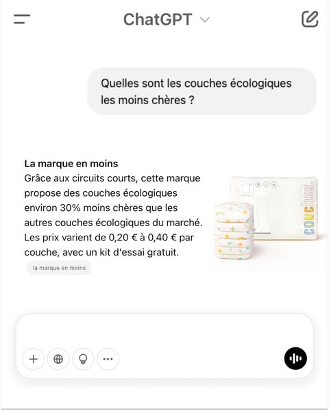 This ad is for Couches brand diapers. The ad is formatted to look like a ChatGPT search result, where the user asks whic