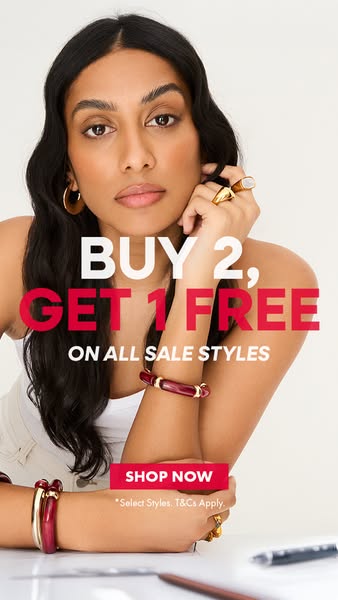 This image ad features a model wearing jewelry and promotes a 'Buy 2, Get 1 Free' sale on all sale styles.