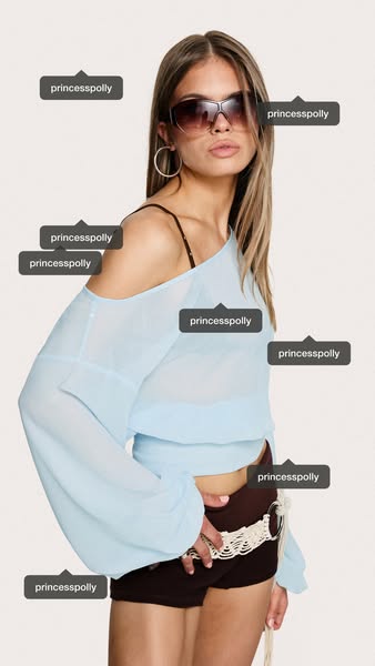 This image ad features a model wearing clothing from Princess Polly, with annotations pointing to different areas on the