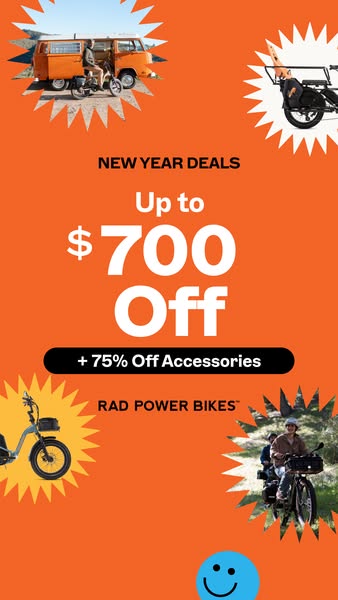 This ad promotes Rad Power Bikes' New Year deals, offering up to $700 off and an additional 75% off accessories. The