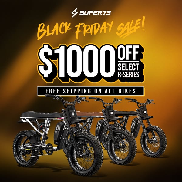 This image ad promotes Super73 electric bikes, highlighting a Black Friday sale with a significant discount and free shi