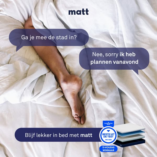 This ad features a person in bed who is invited to go out but declines because they would rather stay in bed with their 