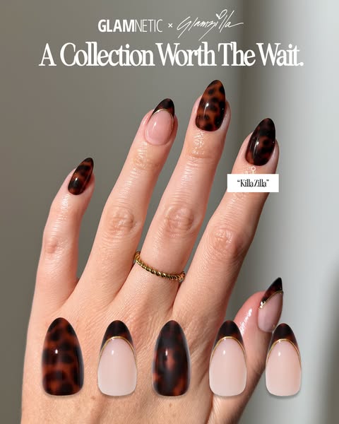 This image ad for Glamnetic features a close-up of a hand modeling a set of press-on nails in a tortoise shell pattern. 