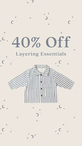This image ad promotes a 40% off sale on layering essentials. The ad features a striped shirt on a background with moon 