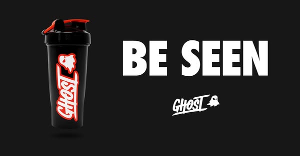 This ad features a Ghost brand shaker bottle against a black background. The ad's headline is "BE SEEN", s