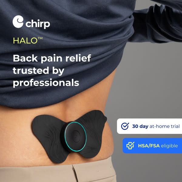 This image ad showcases the Chirp Halo, a back pain relief device trusted by professionals. The ad shows the product att