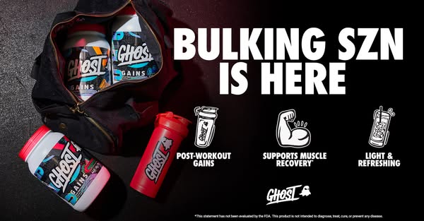 This image ad showcases Ghost brand supplements and pre-workout drink and promotes their benefits for the "bulking 