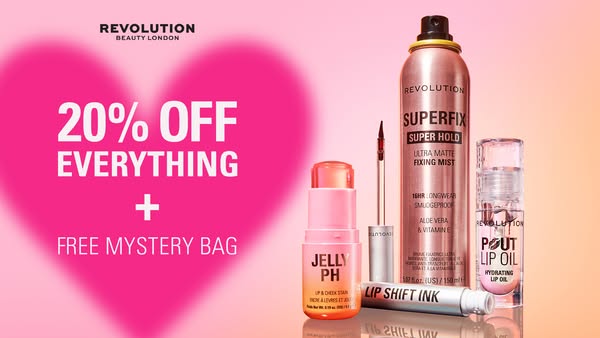 This Revolution Beauty ad promotes a 20% off sale and a free mystery bag offer. The image features various beauty produc
