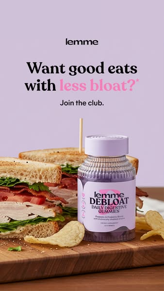 This ad promotes Lemme Debloat Daily Digestive Gummies with the tagline "Want good eats with less bloat?" The 