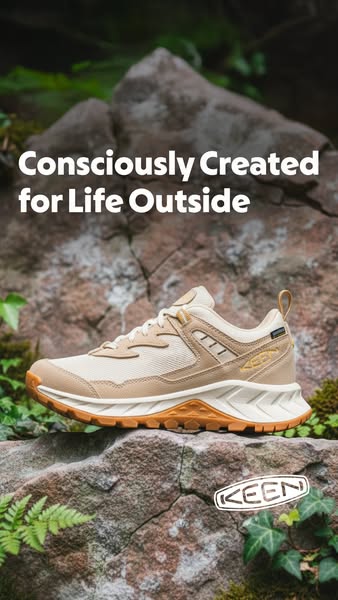 This image ad showcases a KEEN hiking shoe in a natural outdoor setting, emphasizing its design for outdoor life.