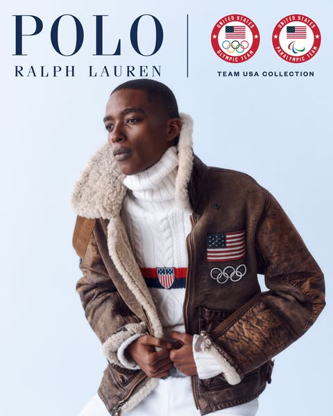 This image ad for Polo Ralph Lauren features a person wearing items from the Team USA Collection, including a brown jack