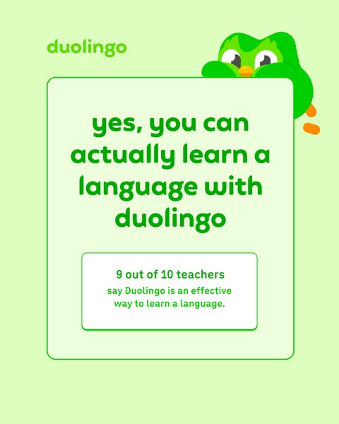 This image ad for Duolingo features a quote from teachers saying Duolingo is an effective way to learn a language. The b