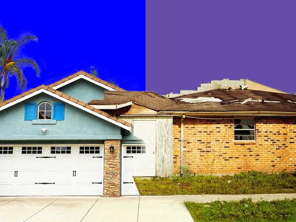 This ad uses a before and after comparison to showcase the transformative power of a roofing company's services. The