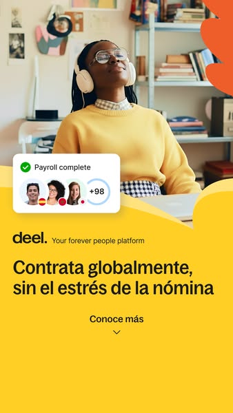 This ad promotes Deel, a platform that helps businesses hire globally without the stress of payroll. The ad features a w