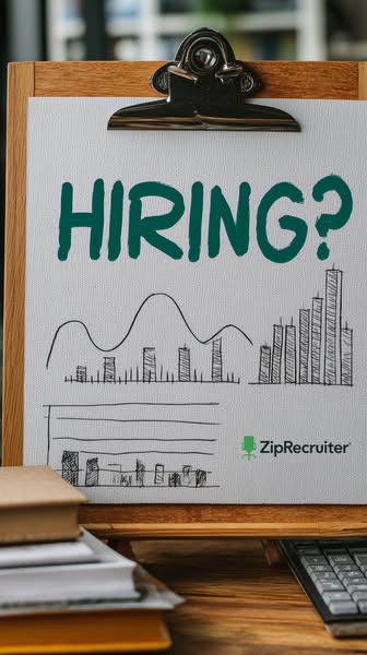 This image ad for ZipRecruiter features a clipboard with the word "HIRING?" written on it, along with hand-dra