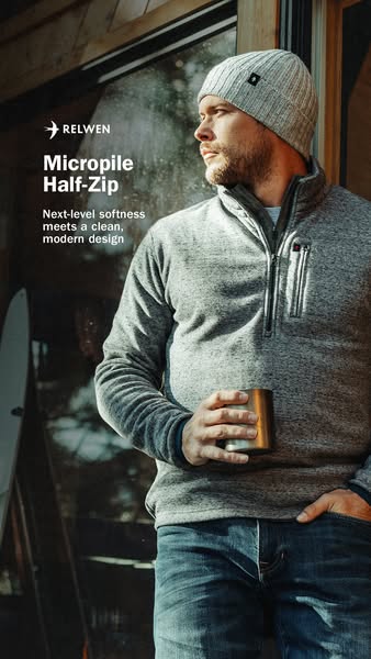 This ad showcases Relwen's Micropile Half-Zip, highlighting its next-level softness and modern design. The ad featur
