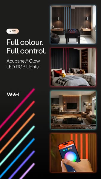 This image ad showcases the Acupanel Glow LED RGB Lights by showing different rooms in which they are set up and how the