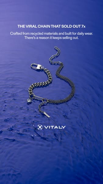 This ad promotes a silver chain necklace from Vitaly. The ad highlights that the product is made from recycled materials