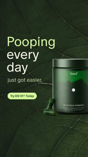 This ad promotes Seed's DS-01 Daily Synbiotic supplement to help users have easier bowel movements. The ad features
