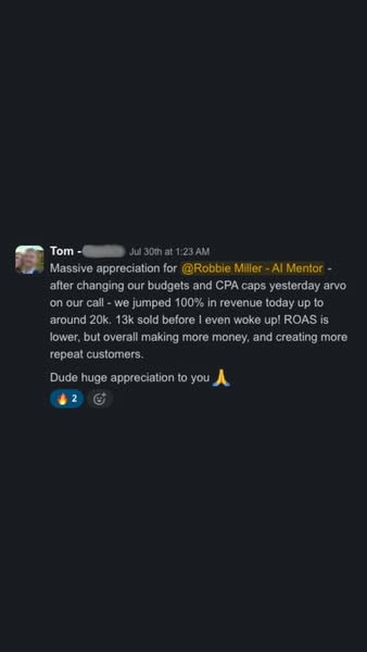 This ad features a testimonial from a user named Tom who expresses his appreciation for @Robbie Miller - AI Mentor. Tom 