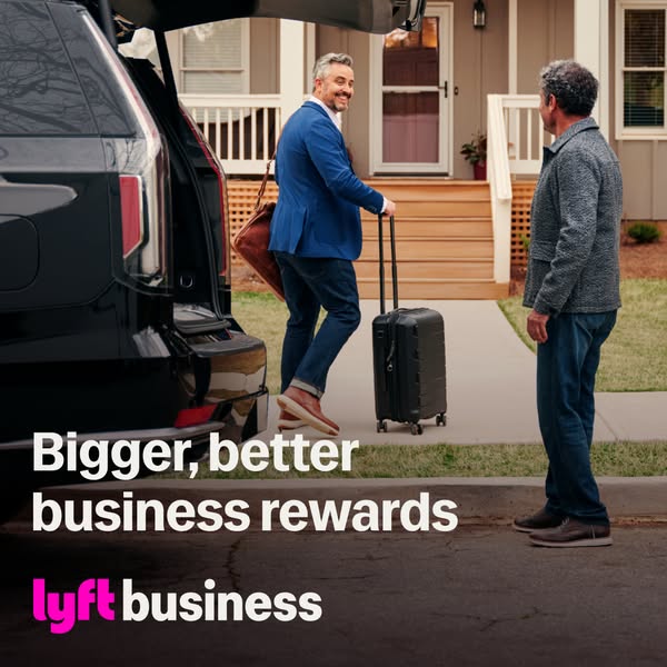 An image ad for Lyft Business featuring a professional using Lyft for a work trip and getting rewarded for it.