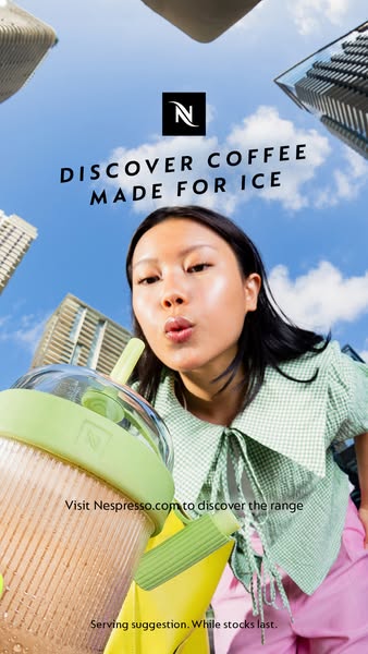 This image ad for Nespresso promotes its coffee as being made for ice. The ad features a woman holding a Nespresso-brand