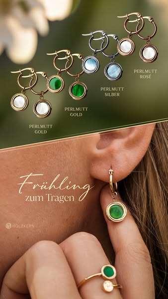 This ad showcases a collection of Holzkern earrings in a split-screen format. The top half features a flat lay-style sho