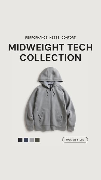 This ad promotes a brand's Midweight Tech Collection, highlighting the comfort and performance of its apparel.