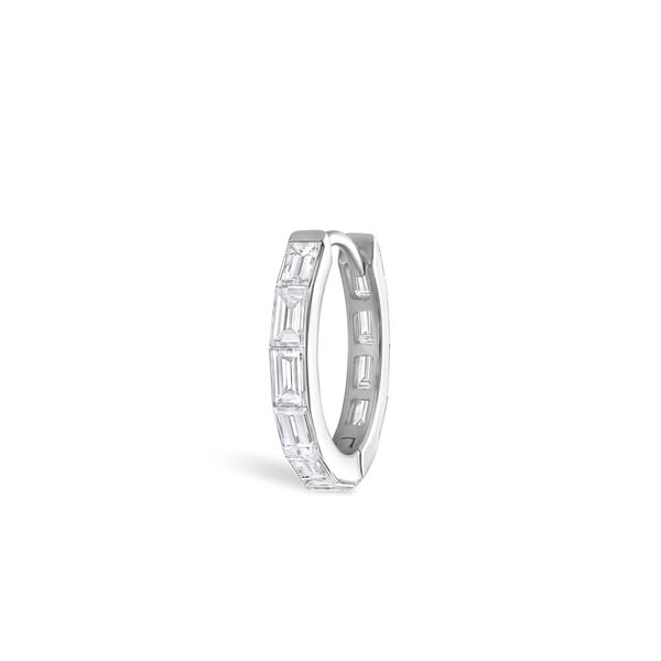 This ad showcases a single silver hoop earring with baguette diamonds. The ad is intended to highlight the earring's