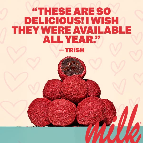 This ad features a testimonial about Milk Bar's raspberry cheesecake truffles. The ad highlights the deliciousness o