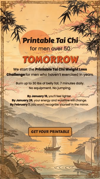 This image ad promotes a printable Tai Chi program specifically designed for men over 50. It highlights weight loss and 