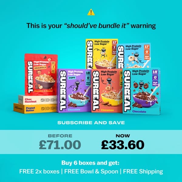 An ad showcasing a Surreal cereal bundle, highlighting the savings from buying in bulk and the bonus items included with