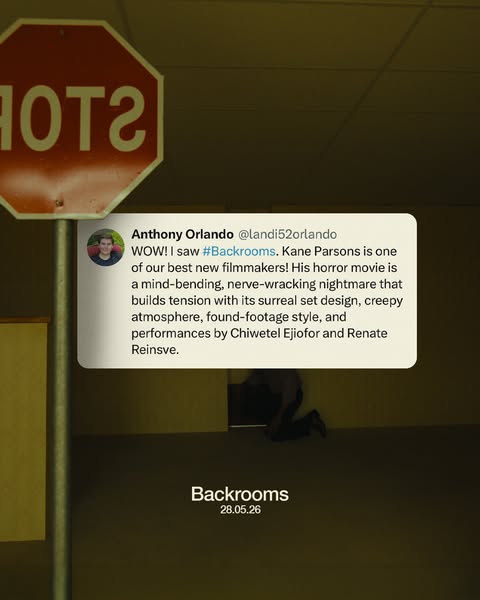 The ad features a reposted tweet from Anthony Orlando praising Kane Parsons' horror movie '#Backrooms,' emph