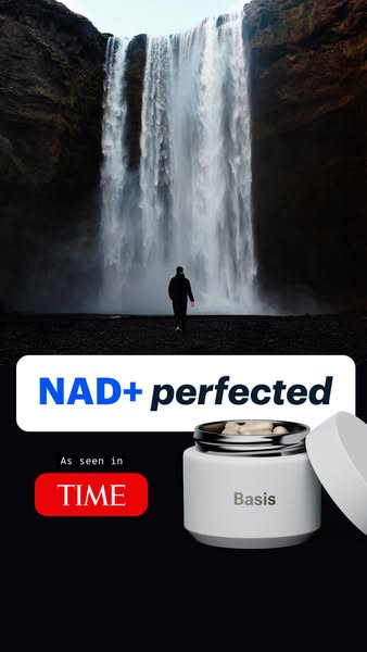 This ad showcases the Basis product from Elysium Health. The ad combines a landscape background with a close-up of the p