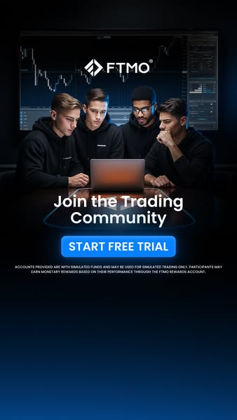 This image ad for FTMO features four young men looking at a laptop in front of a screen displaying stock charts. The ad 