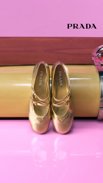 This ad showcases a pair of gold Prada Mary Jane shoes.