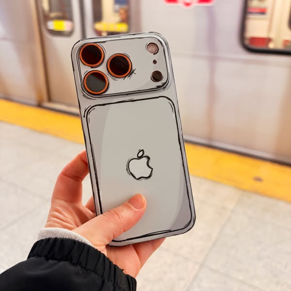 This ad showcases a phone case that has a cartoon-like design. The phone case is being held by a hand in front of a subw