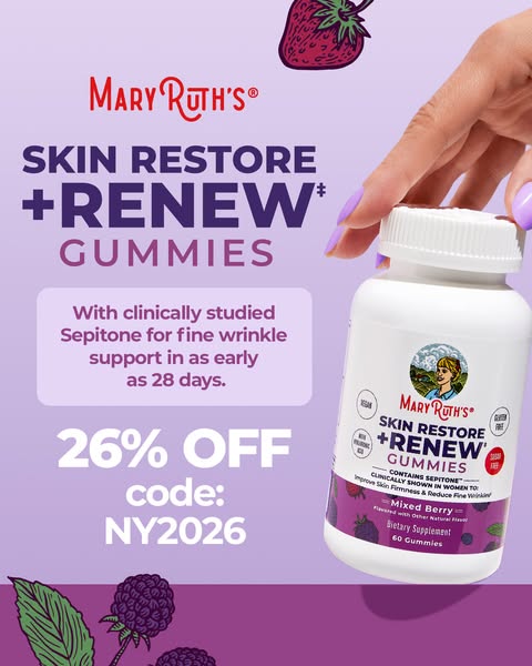 This image ad promotes Mary Ruth's Skin Restore +Renew Gummies, highlighting their clinically studied Sepitone for f