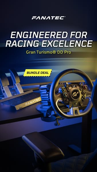 This ad showcases the Gran Turismo DD Pro bundle by Fanatec, highlighting its precision engineering and immersive racing