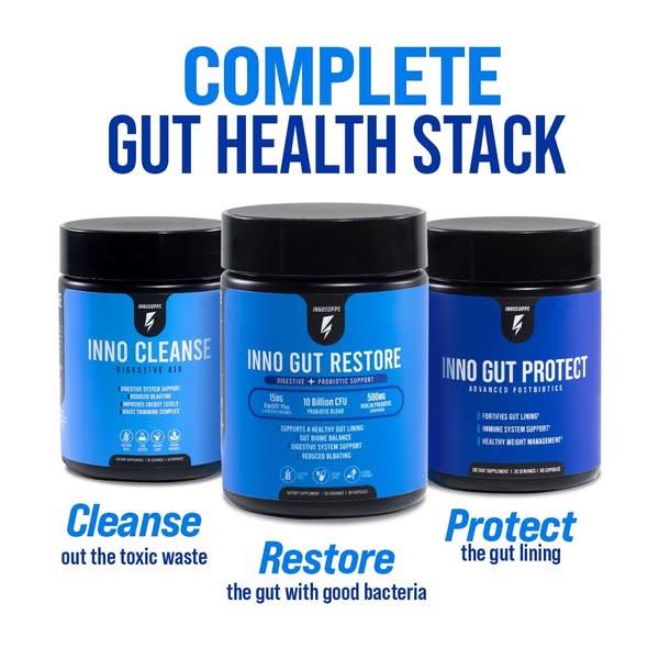 This image ad promotes Inno Supps' Complete Gut Health Stack, consisting of Inno Cleanse, Inno Gut Restore, and Inno