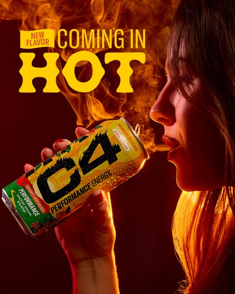 The ad features C4 Energy's new mango flavored energy drink with the tagline "coming in hot". It features 