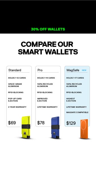 This ad compares three different smart wallets, highlighting their features and prices.